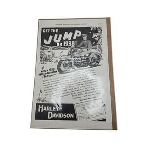 1937 Old Magazine Print Ad, Harley-Davidson Motorcycle, Get the Jump on 1938!